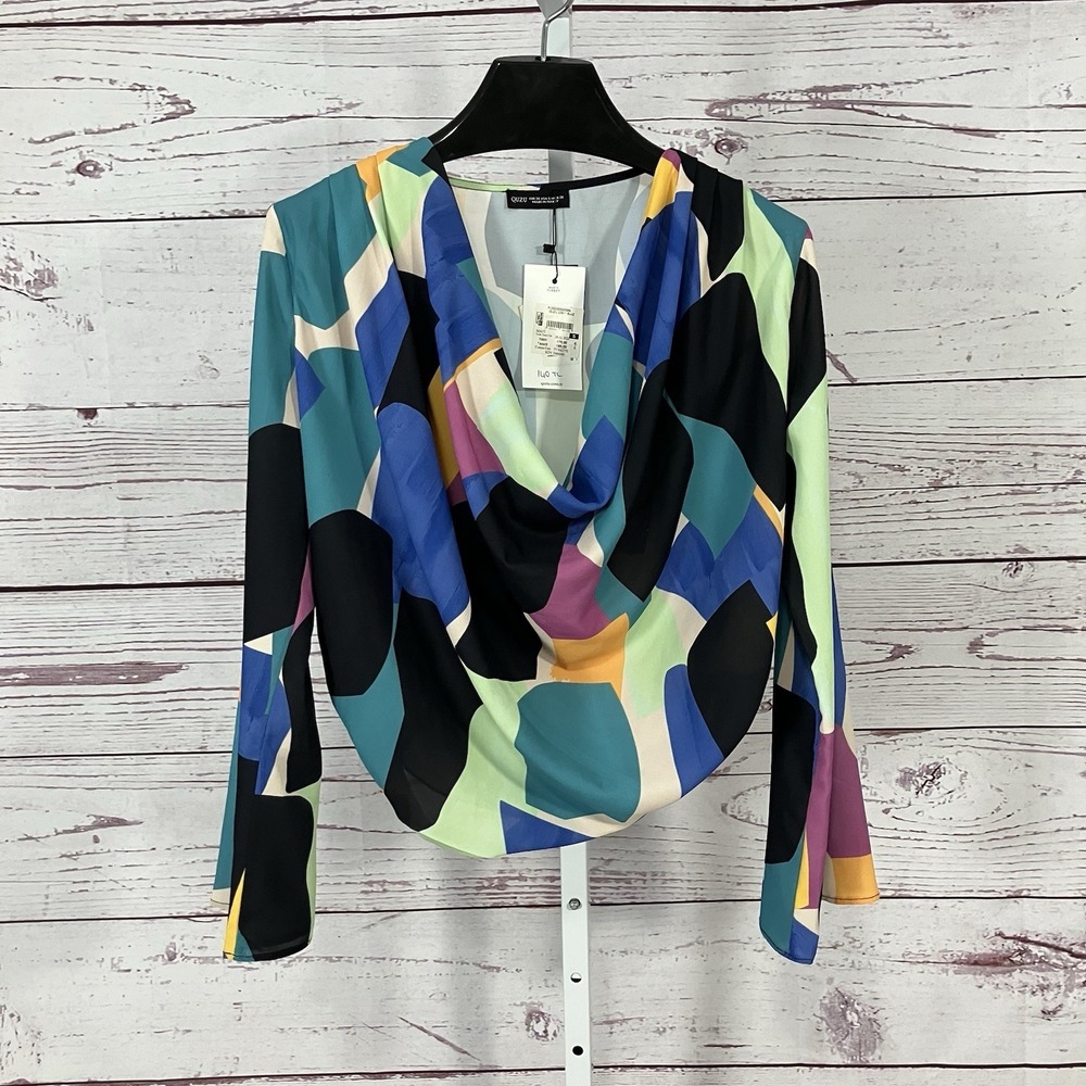 Quzu‎ Abstract Print Crop Top Womens Small Multicolor Long Sleeve NWT
